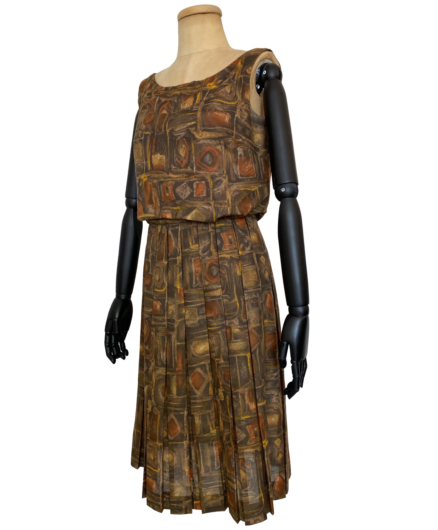 1960s Brown Abstract Print Cocktail Dress (S)