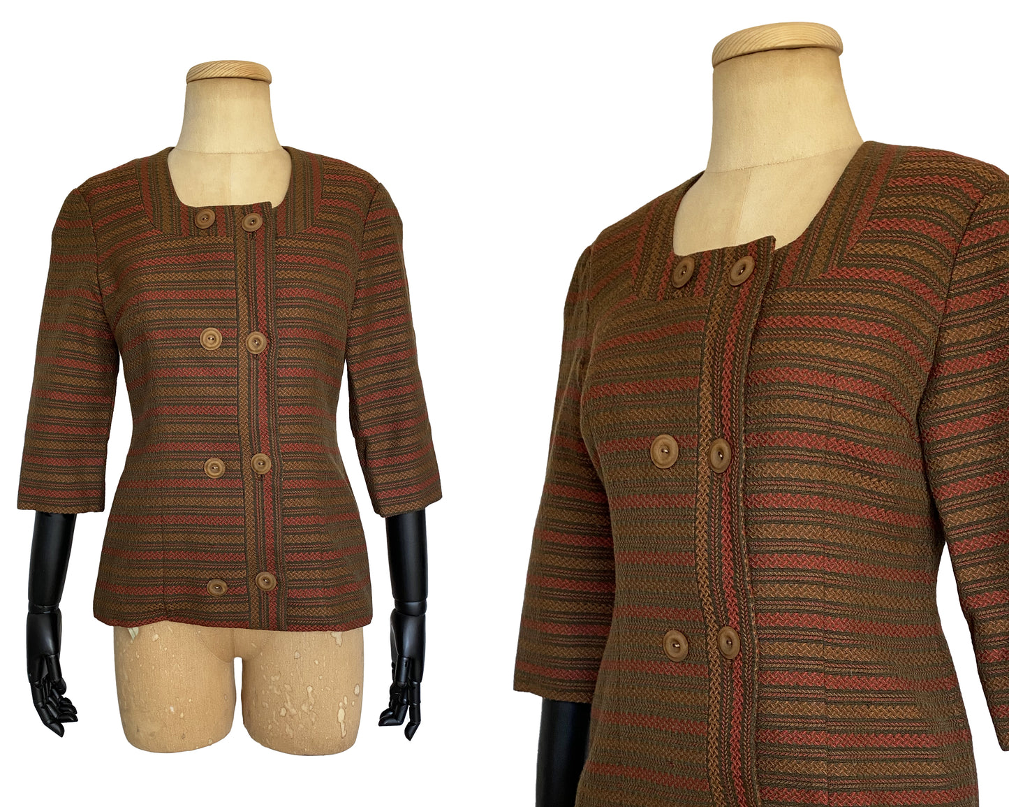 1960s Brown Herringbone Square Neckline Blazer (XS-S)