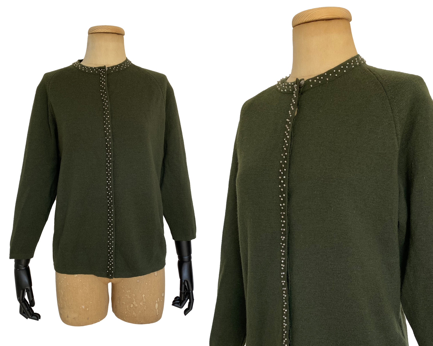 1960s Forest Green Silver Beaded Cardigan (M)