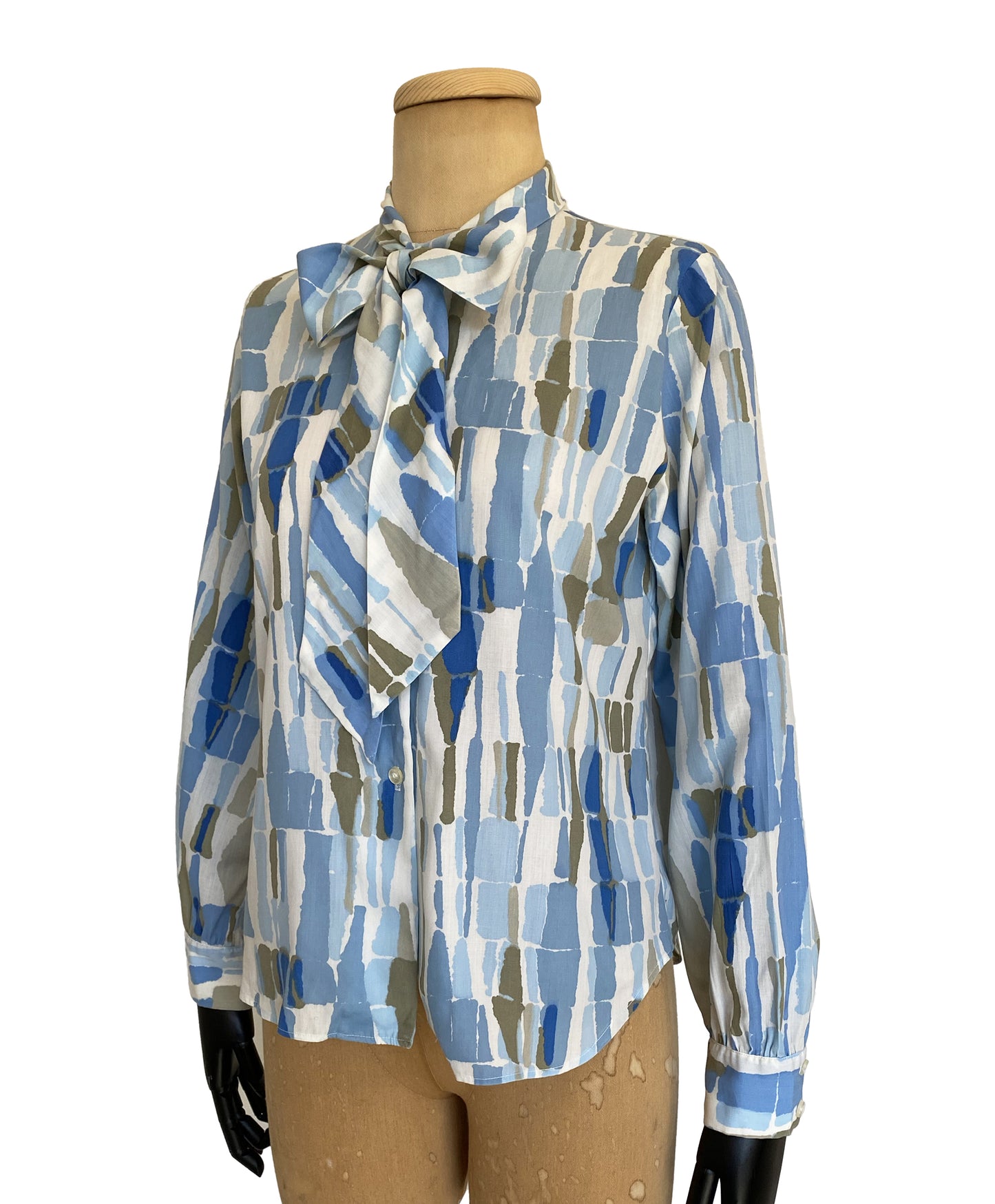 1960s Long Sleeve Blue Geometric Print Blouse (M)