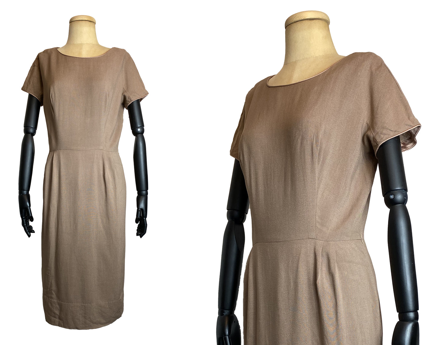 1950s Sheath Day Dress in Taupe Colour and Satin Trims (M)