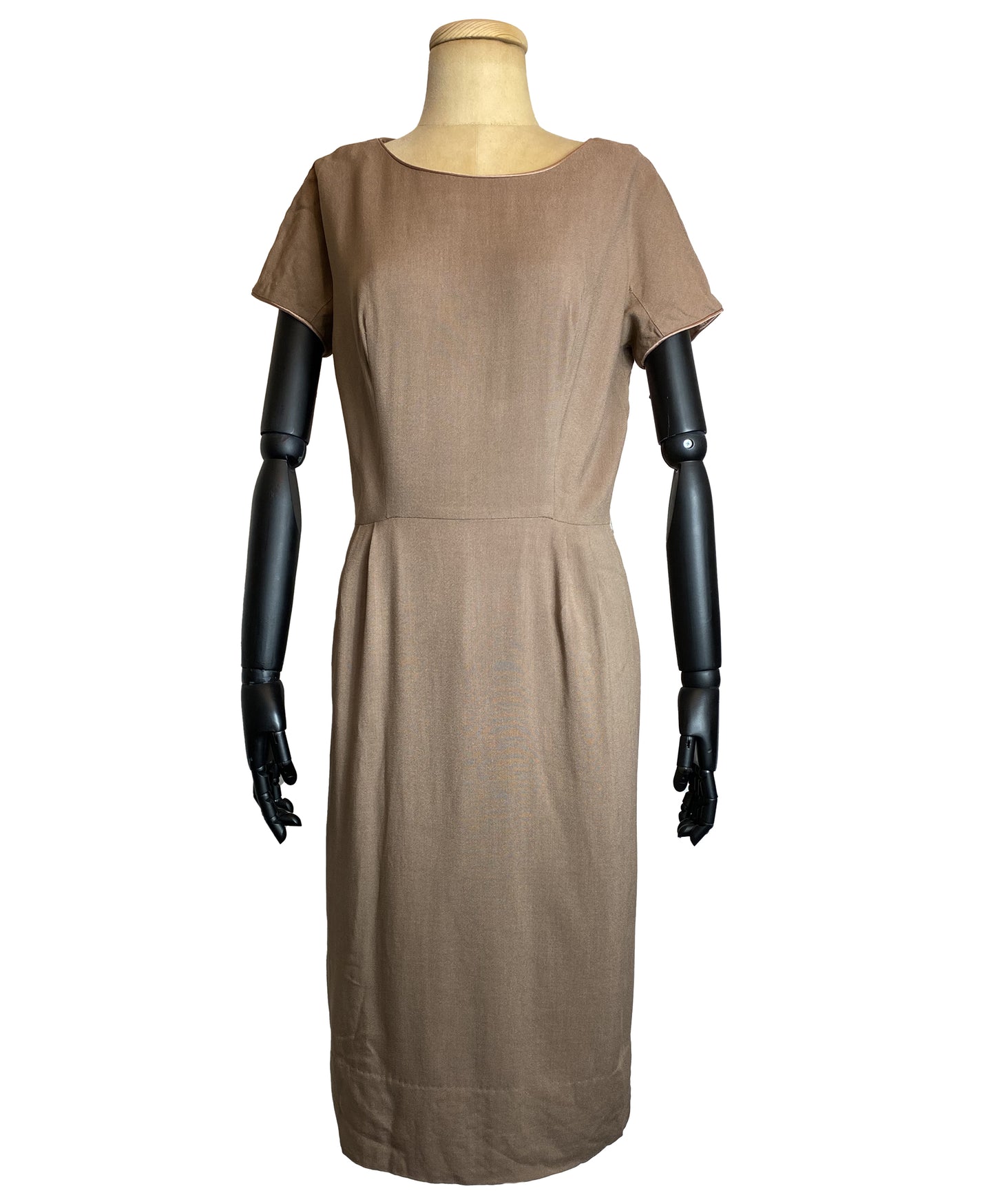 1950s Sheath Day Dress in Taupe Colour and Satin Trims (M)