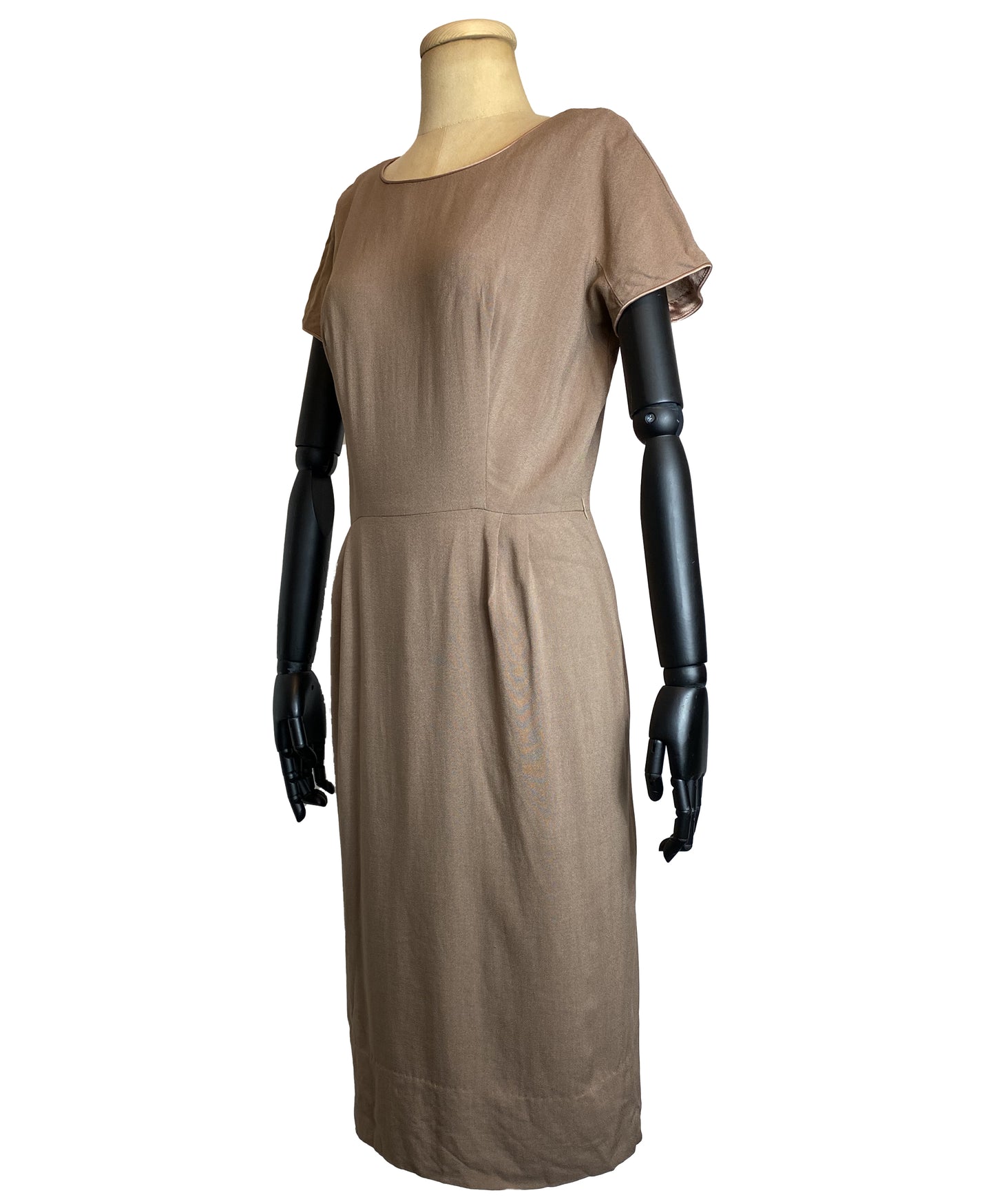 1950s Sheath Day Dress in Taupe Colour and Satin Trims (M)