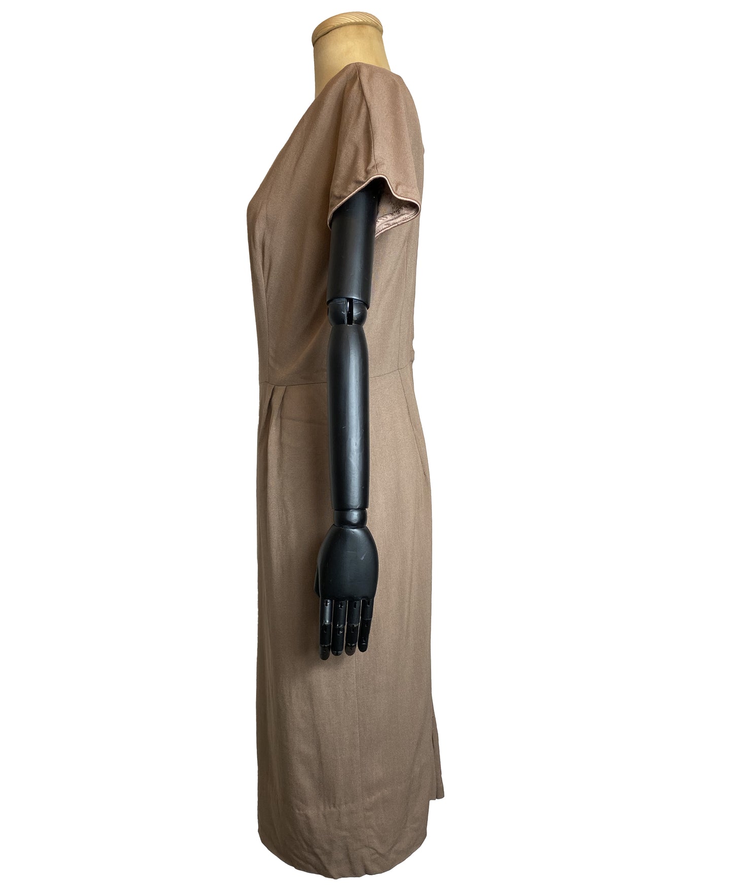 1950s Sheath Day Dress in Taupe Colour and Satin Trims (M)