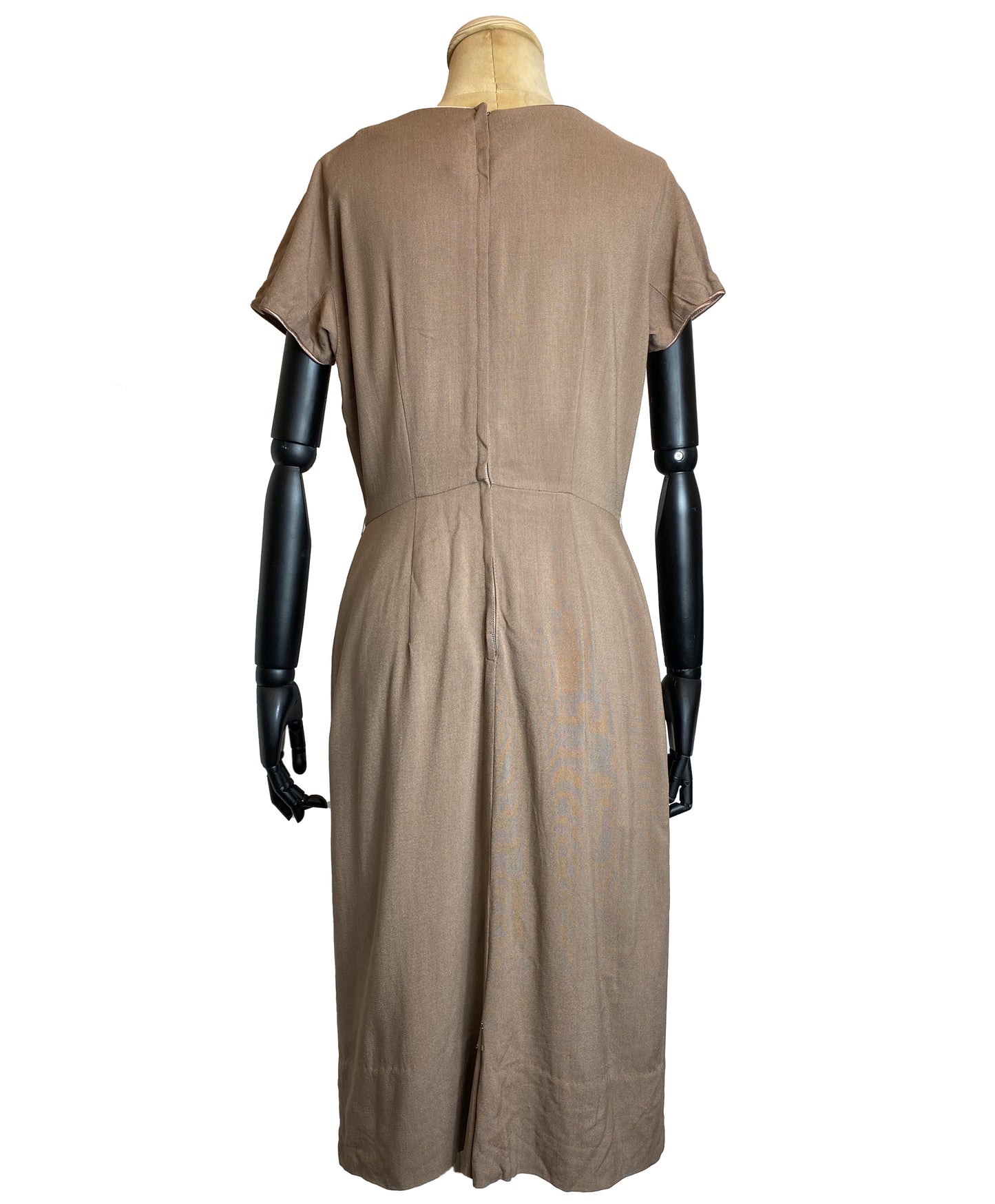 1950s Sheath Day Dress in Taupe Colour and Satin Trims (M)