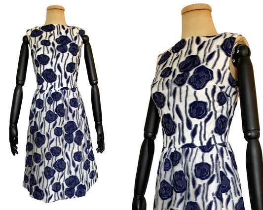 1960s Blue Floral Cocktail Dress (XS)