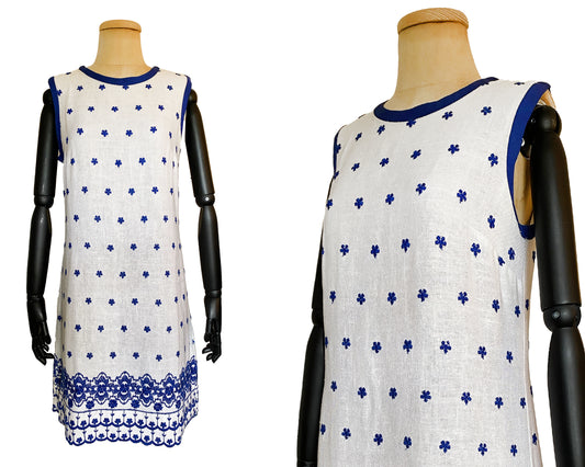 1960s Blue Floral Embroidered Linen Dress (M-L)