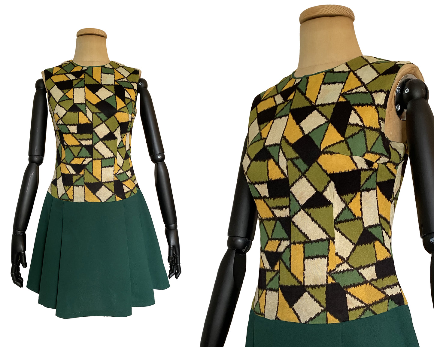 1960s Dropped Waist Green Mini Dress (M)