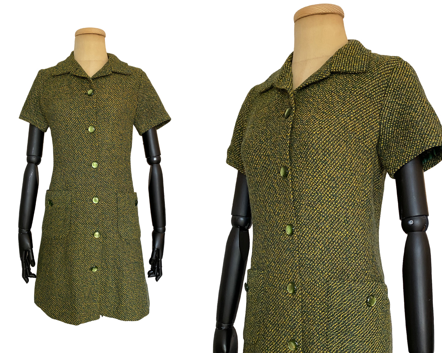 1960s Green Tweed Mod Shirt Dress (M)