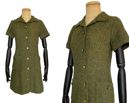 1960s Green Tweed Mod Shirt Dress (M)