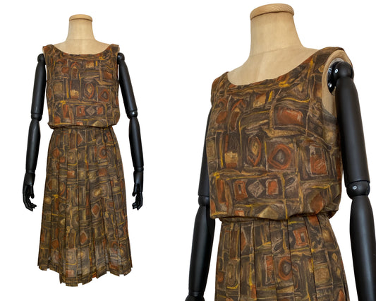1960s Brown Abstract Print Cocktail Dress (S)