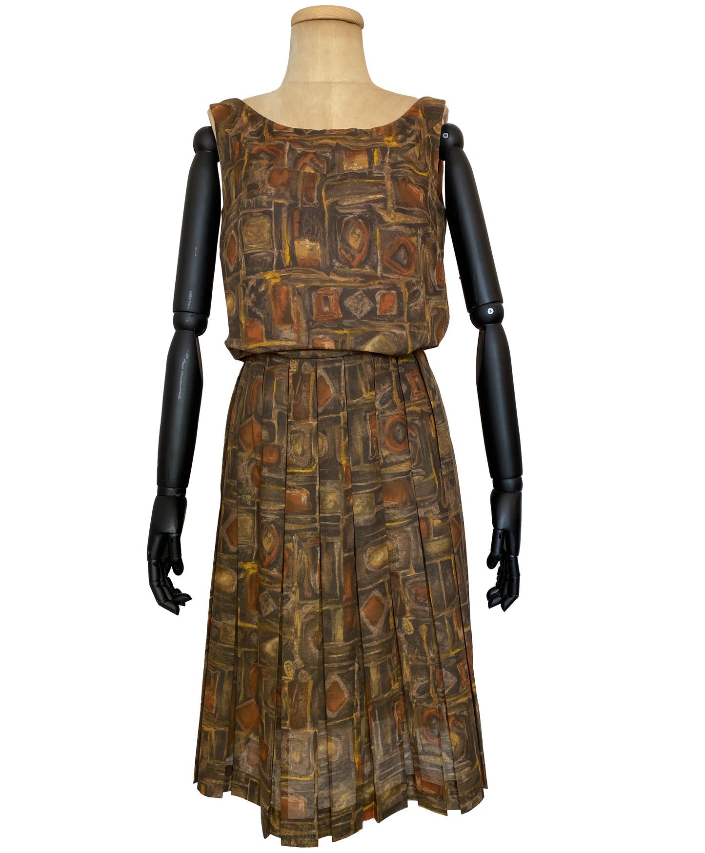 1960s Brown Abstract Print Cocktail Dress (S)