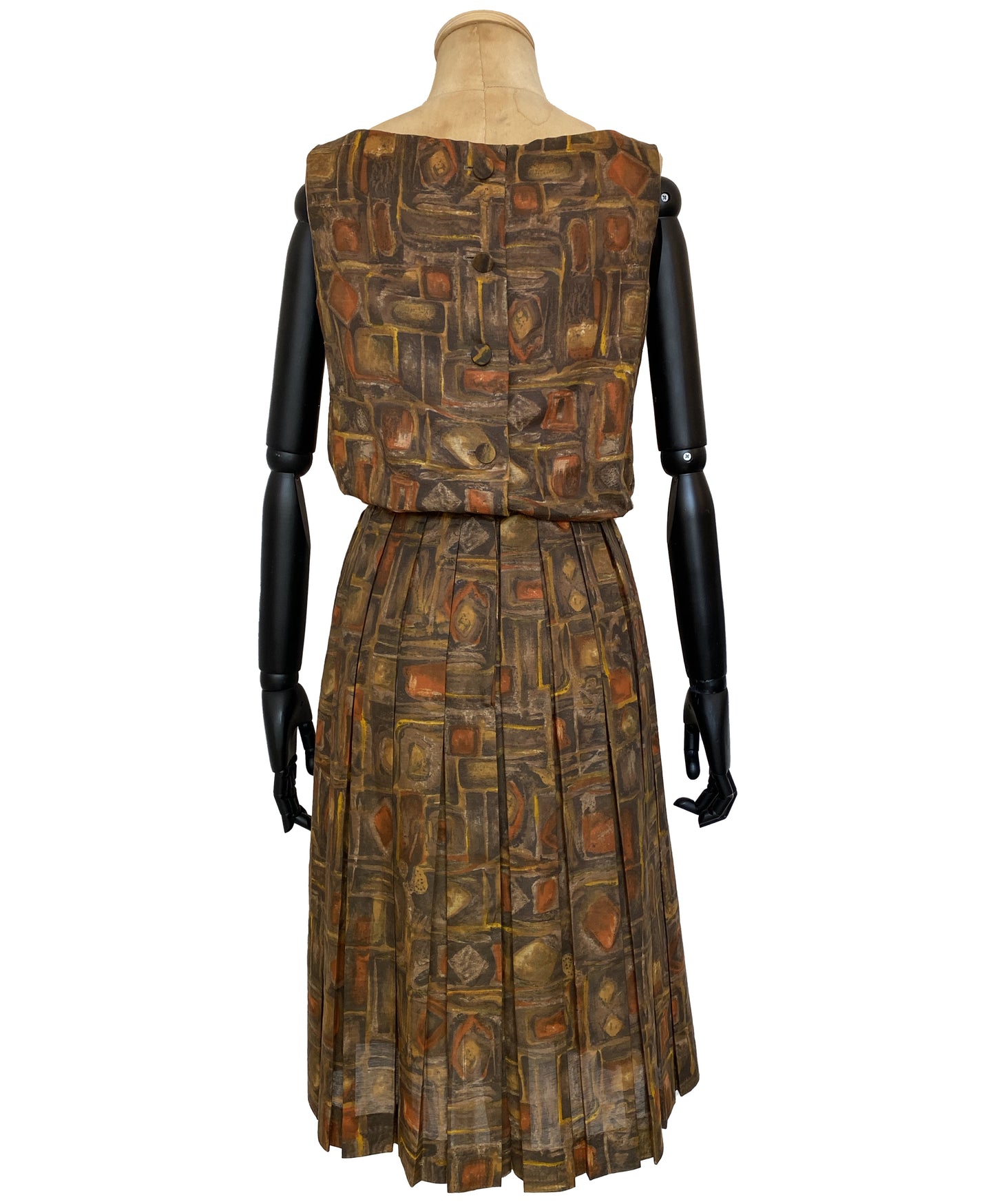 1960s Brown Abstract Print Cocktail Dress (S)