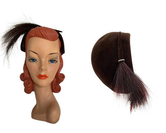 1950s Brown Rhinestone Bristle Detail Fancy Hat (S)