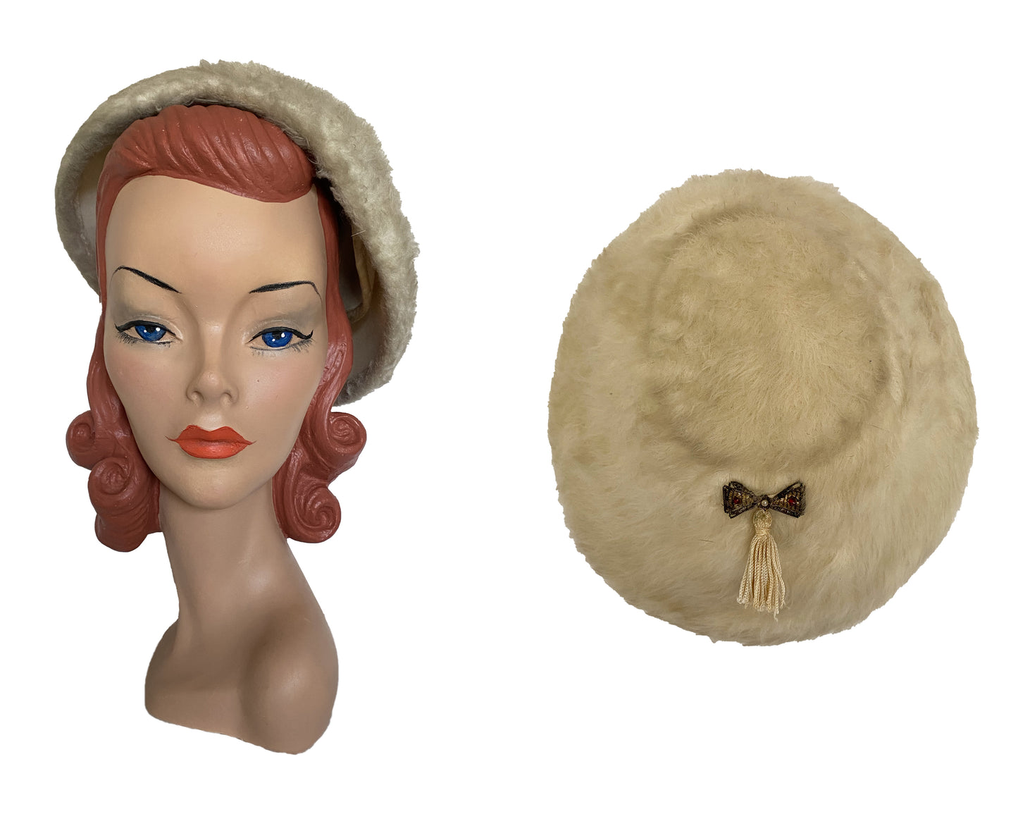 1950s Beige Mohair Tassel Plate Hat (S)
