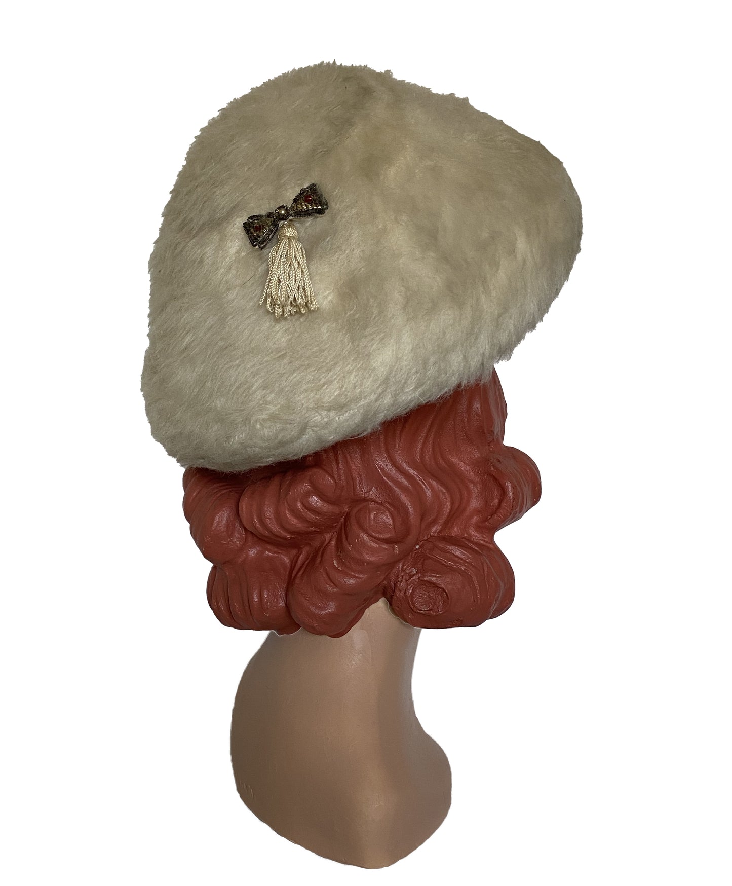 1950s Beige Mohair Tassel Plate Hat (S)