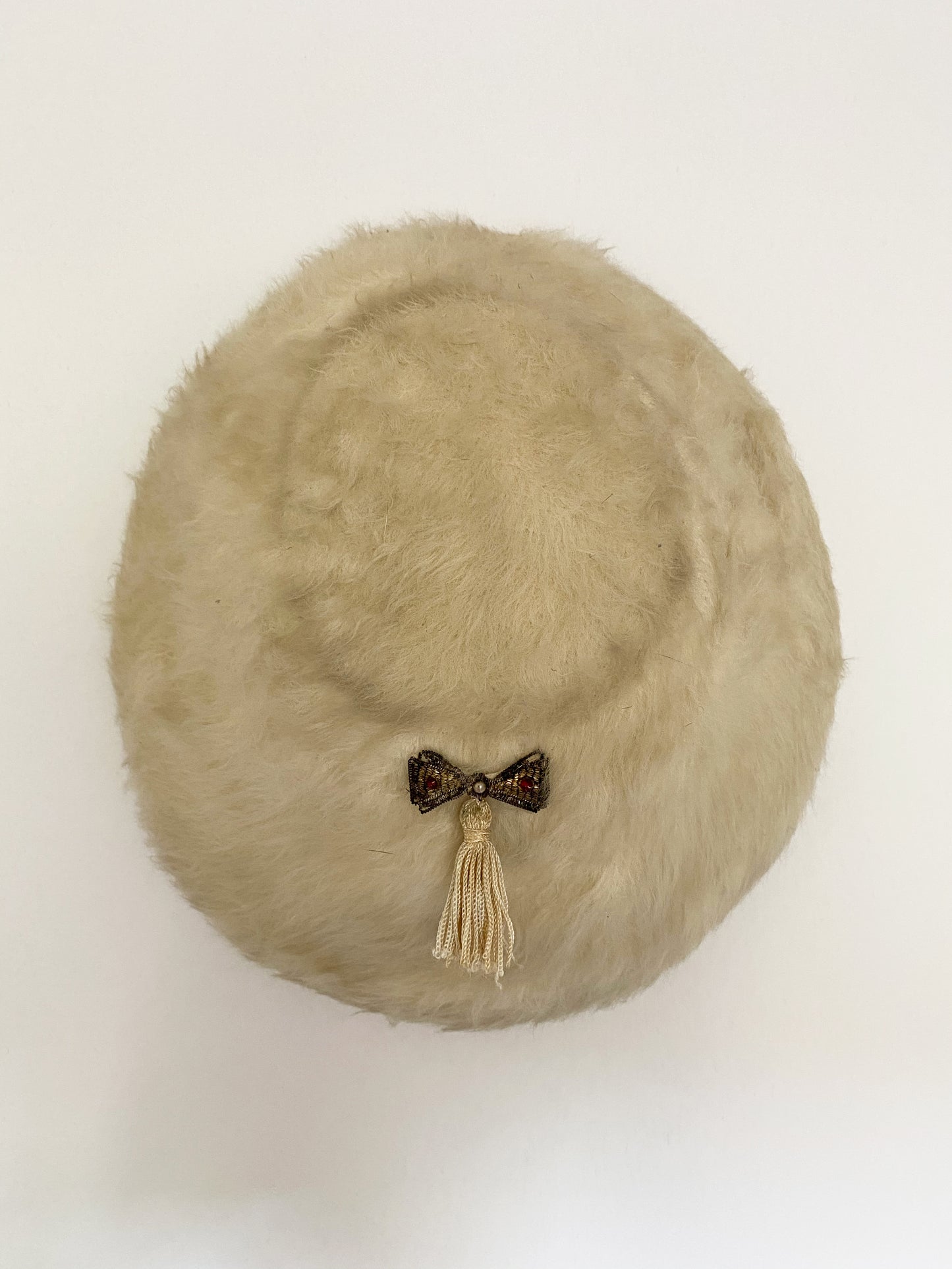 1950s Beige Mohair Tassel Plate Hat (S)