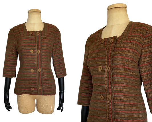 1960s Brown Herringbone Square Neckline Blazer (XS-S)