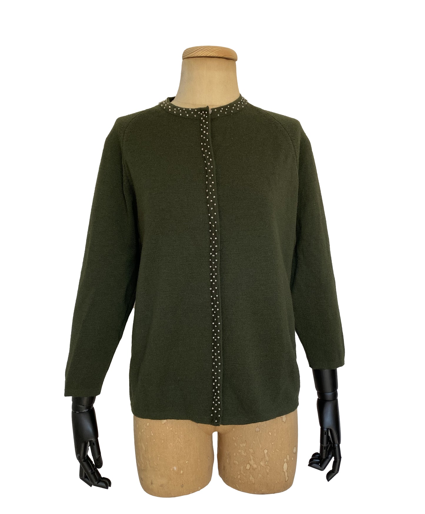 1960s Forest Green Silver Beaded Cardigan (M)