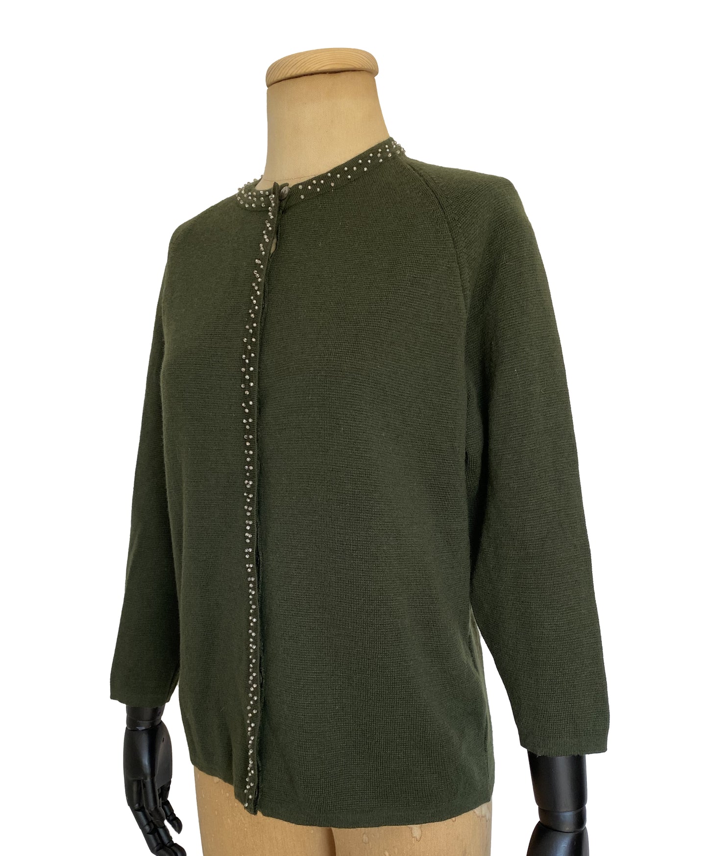 1960s Forest Green Silver Beaded Cardigan (M)
