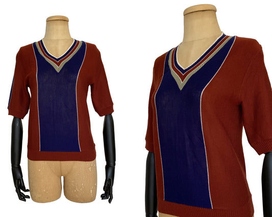 1970s Knitted V-neck Short Sleeve Top (XS)