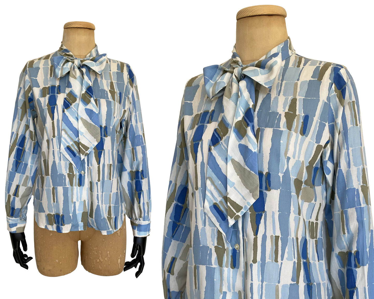 1960s Long Sleeve Blue Geometric Print Blouse (M)