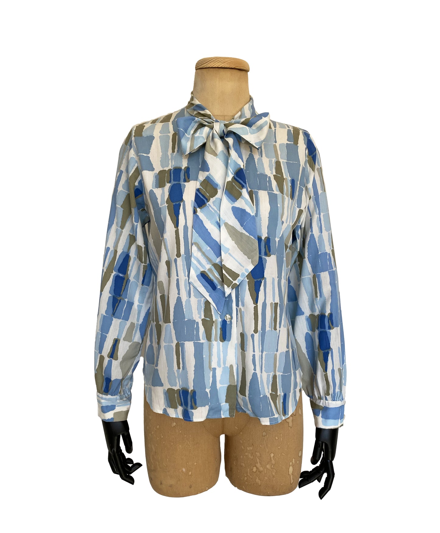 1960s Long Sleeve Blue Geometric Print Blouse (M)
