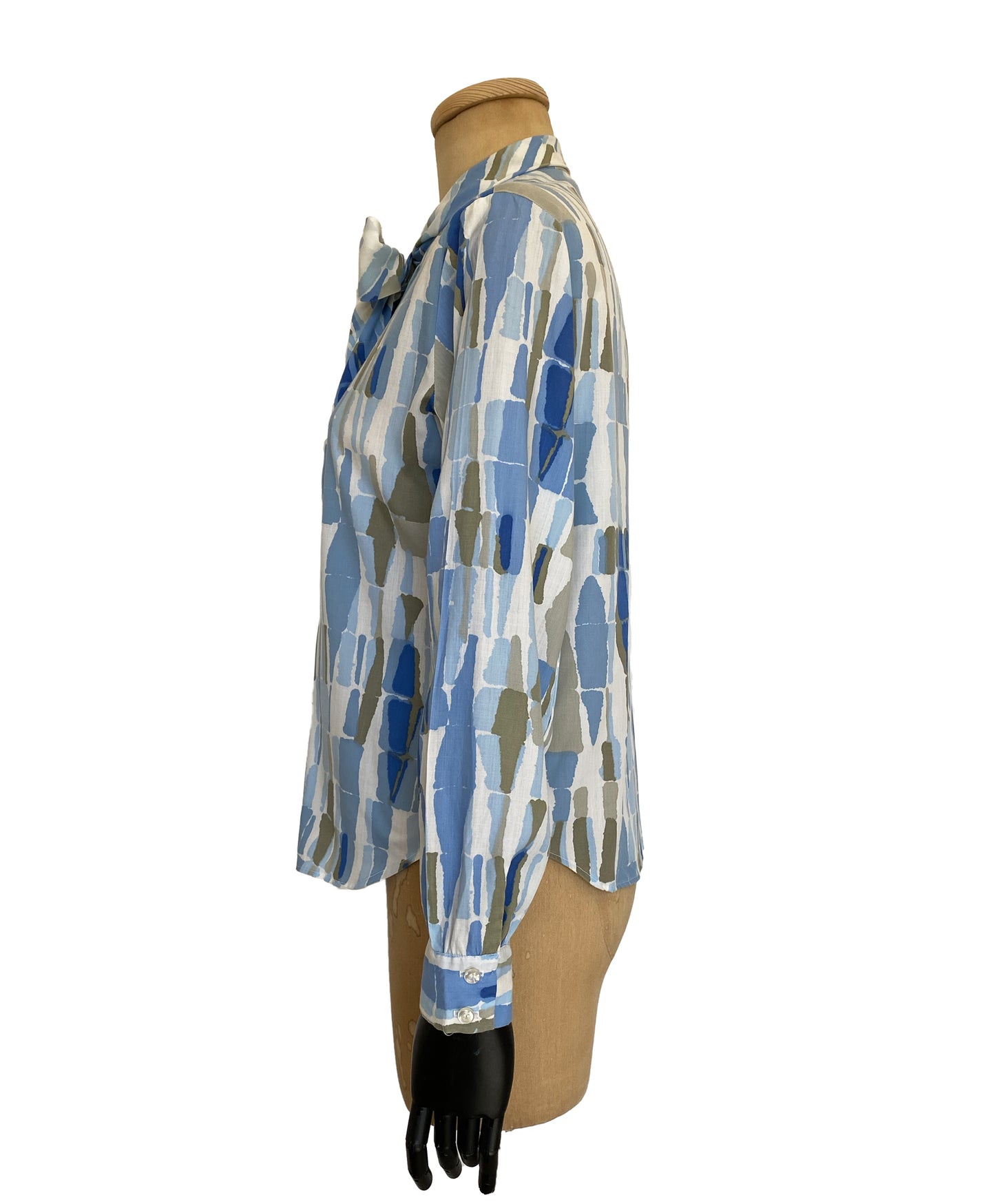 1960s Long Sleeve Blue Geometric Print Blouse (M)