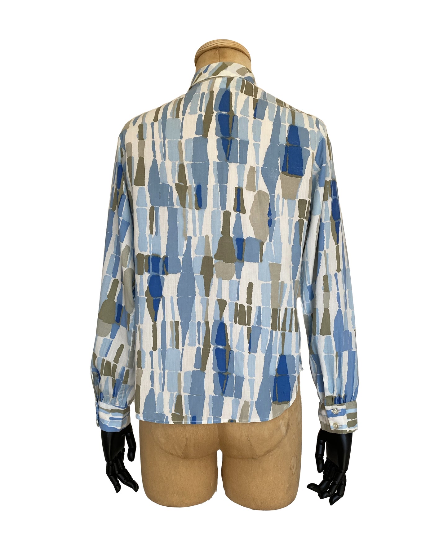 1960s Long Sleeve Blue Geometric Print Blouse (M)