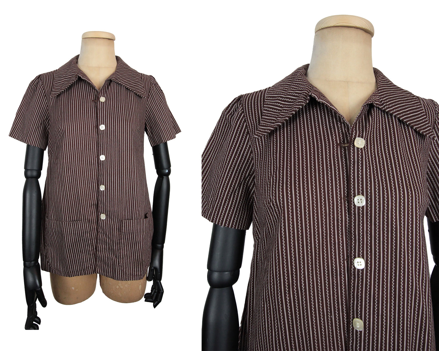 1960s Brown Stripe Short Sleeve Shirt Blouse (Small)