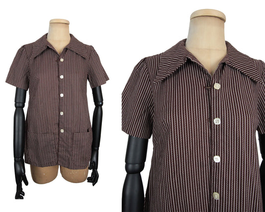 1960s Brown Stripe Short Sleeve Shirt Blouse (Small)