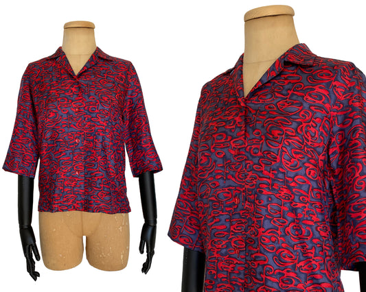 1960s Abstract Print Short Sleeve Blouse (M)