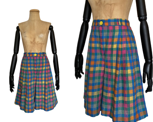 1970s Colourful Check Print Shorts Culottes (S/M)