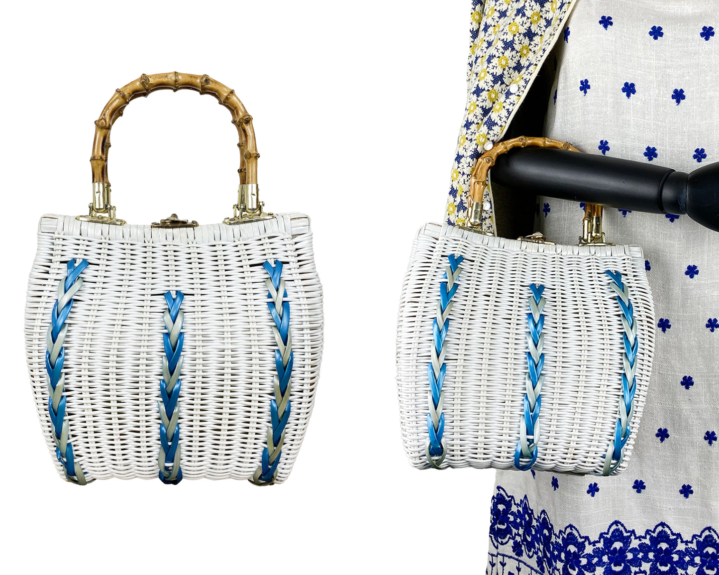 1960s Wicker Bag in White with Bamboo Handles
