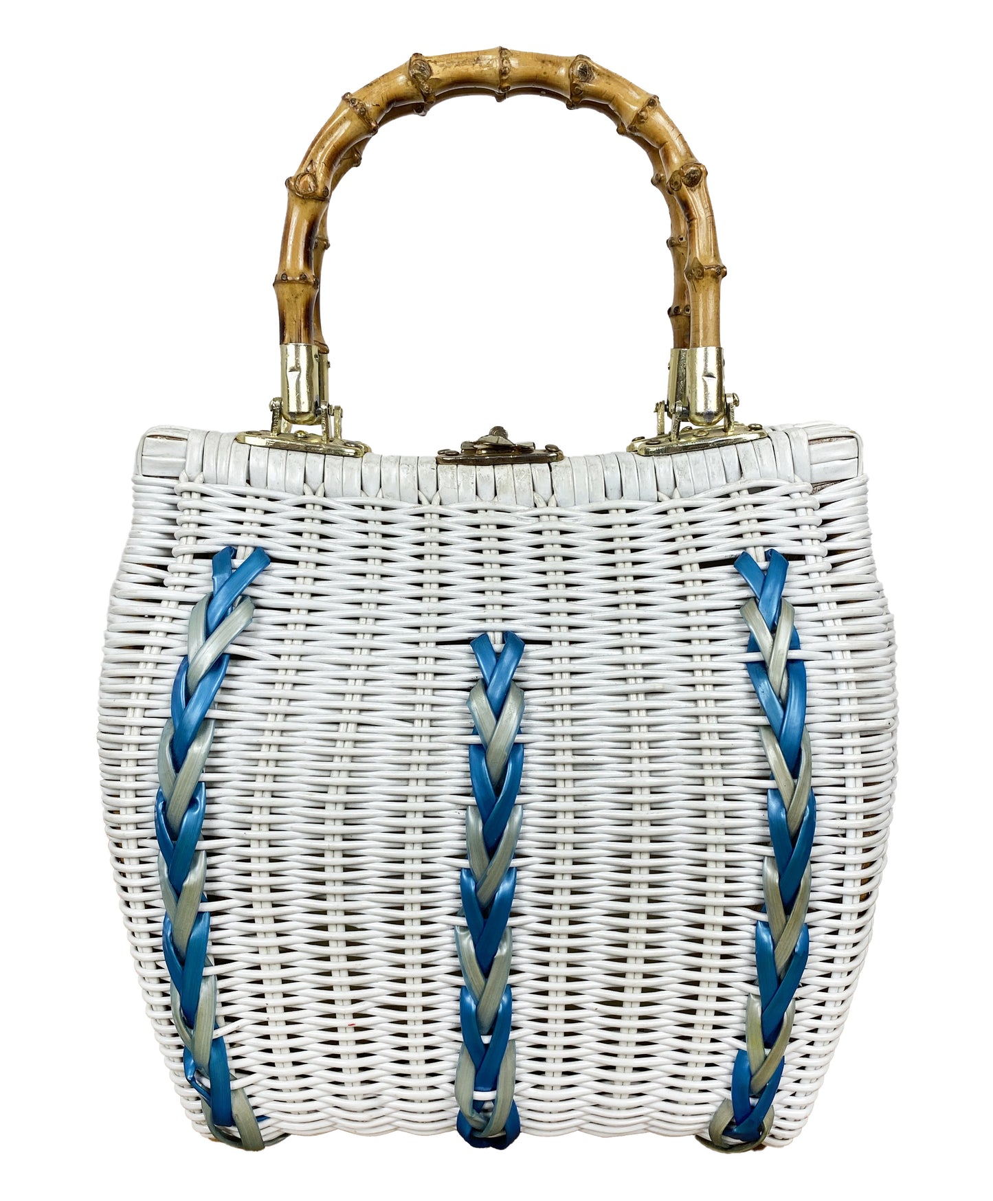 1960s Wicker Bag in White with Bamboo Handles