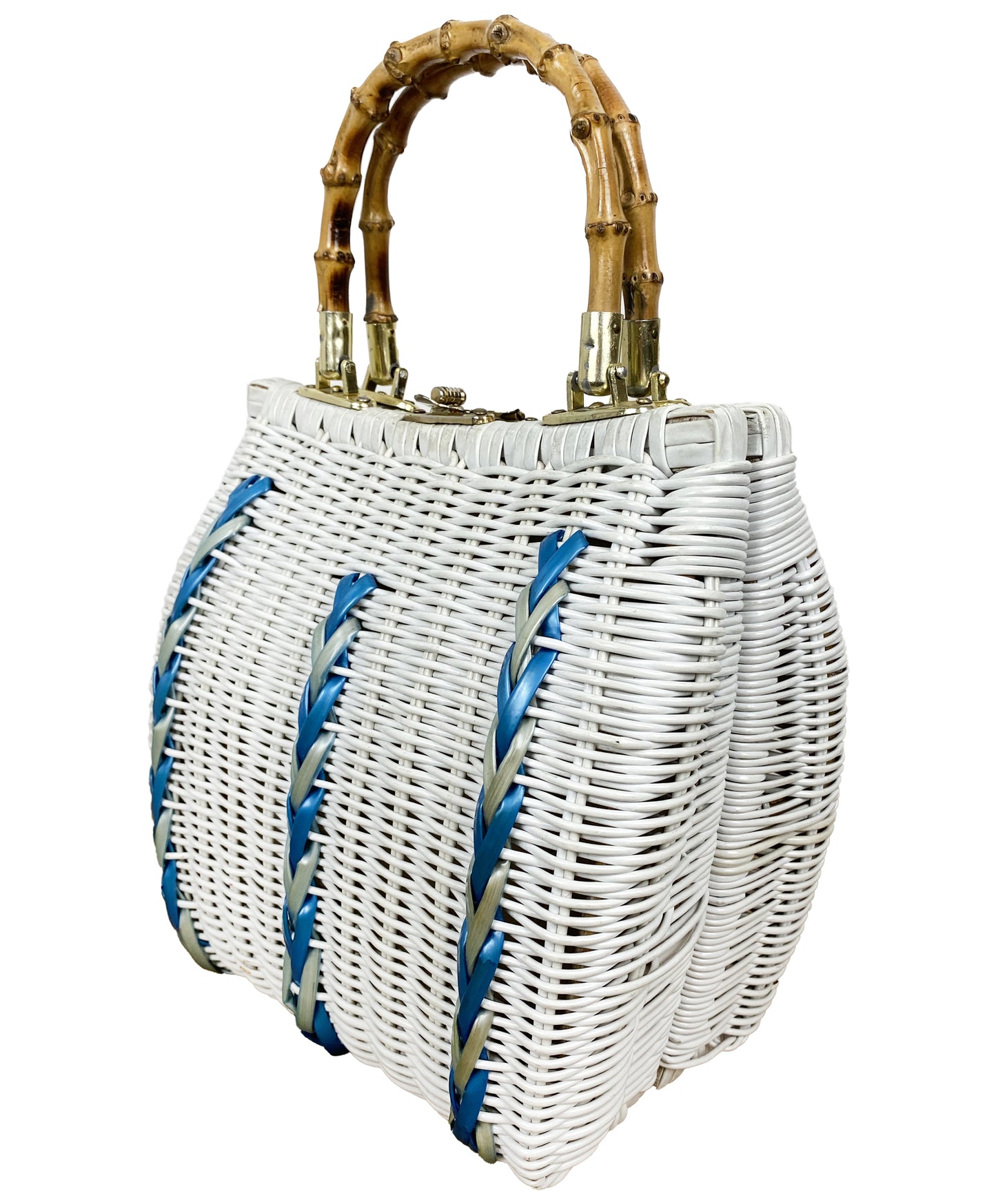 1960s Wicker Bag in White with Bamboo Handles