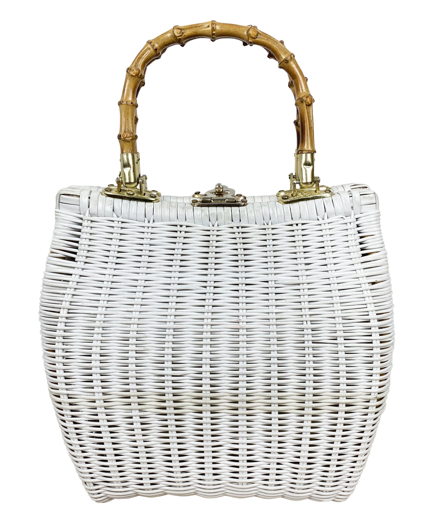 1960s Wicker Bag in White with Bamboo Handles