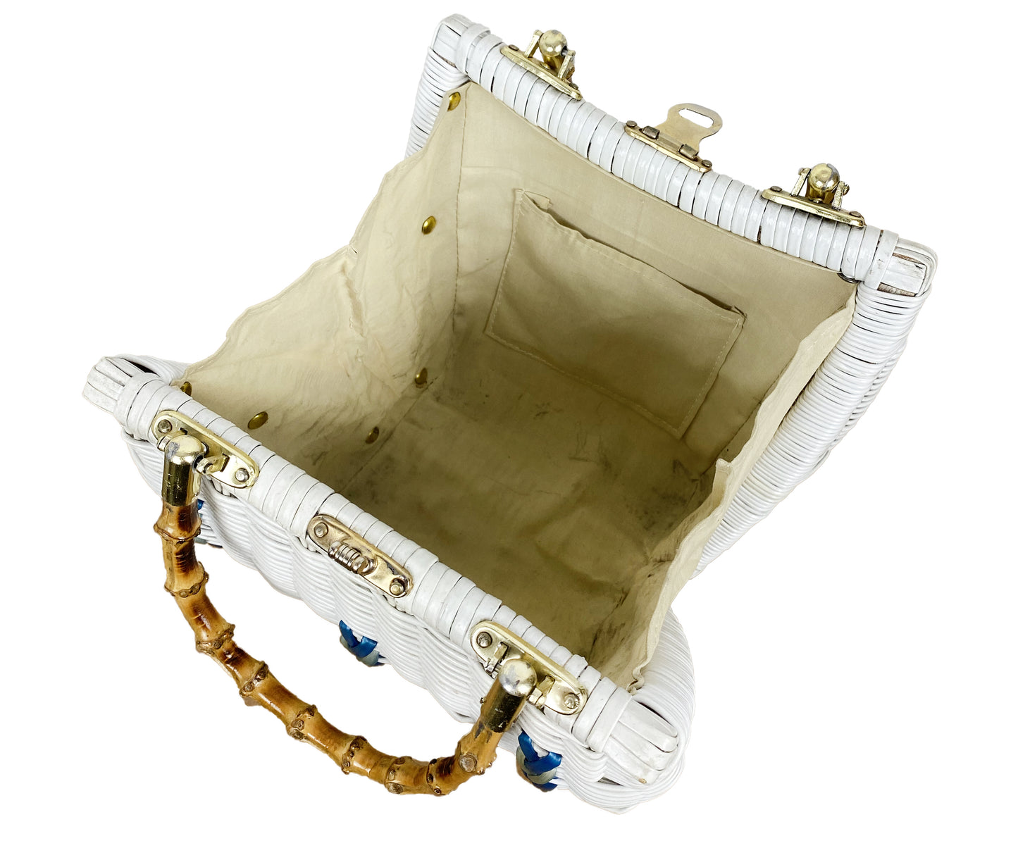 1960s Wicker Bag in White with Bamboo Handles