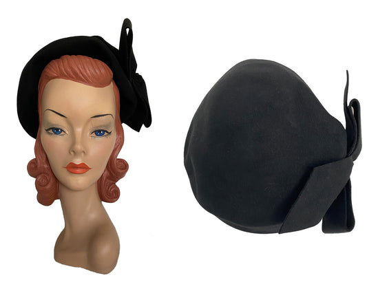 1950s Brand Black Large Bow Cloche Hat (S-M)