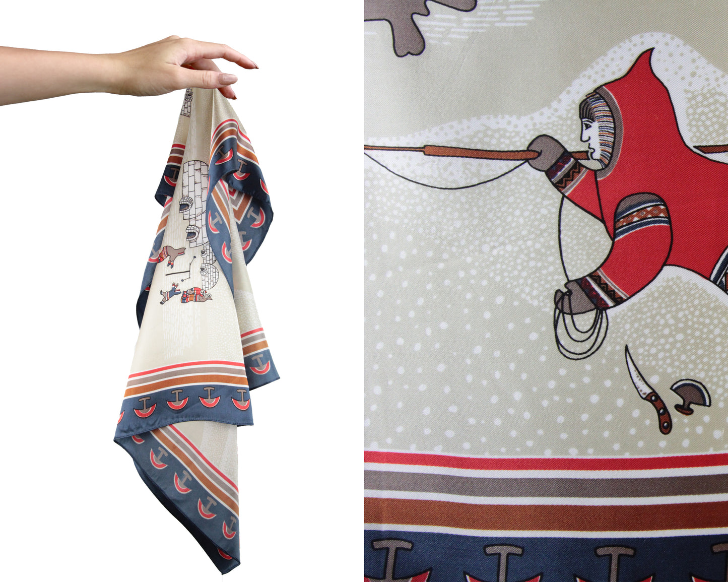 1980s Square Scarf with Canada Inuit Novelty Artic Prints by Artists Elenor & Tony Paine