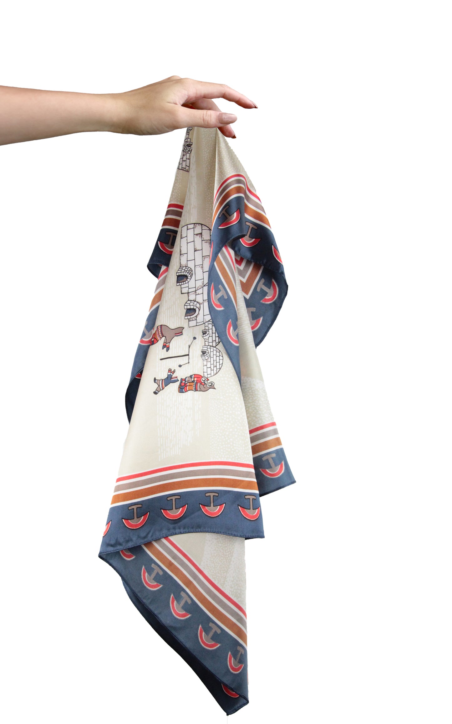 1980s Square Scarf with Canada Inuit Novelty Artic Prints by Artists Elenor & Tony Paine