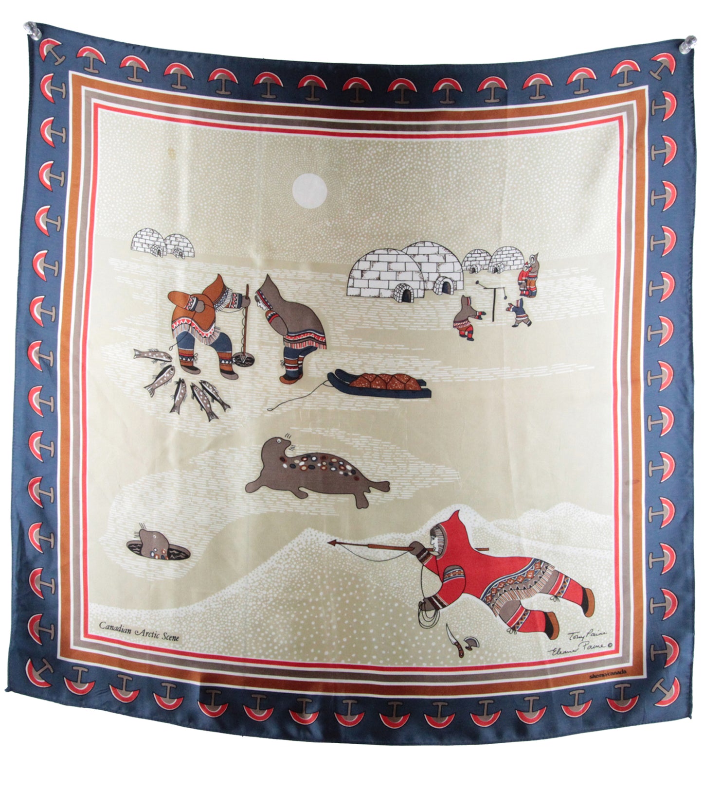 1980s Square Scarf with Canada Inuit Novelty Artic Prints by Artists Elenor & Tony Paine