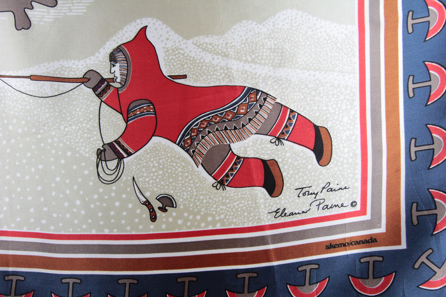 1980s Square Scarf with Canada Inuit Novelty Artic Prints by Artists Elenor & Tony Paine